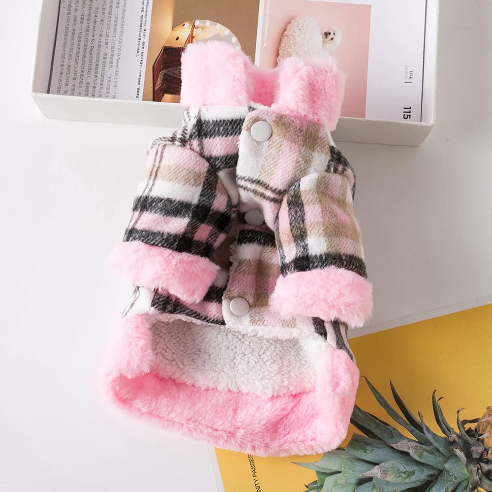 Winter Dog Jacket with Fur Collar – Warm Plaid Coat for Small Dogs