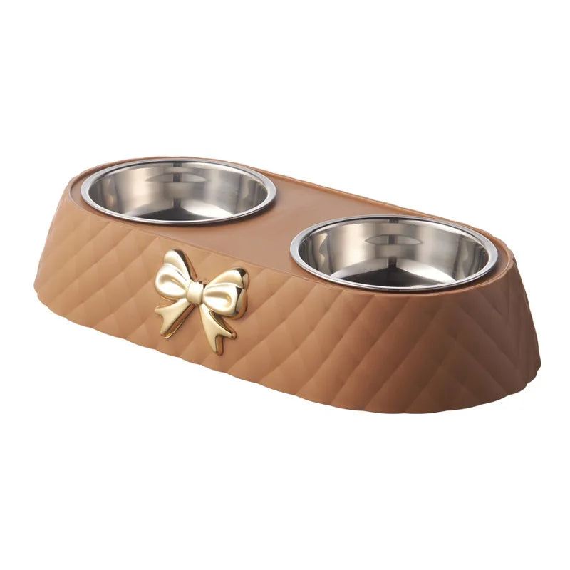 Double Stainless Steel Pet Bowl with Bow-Tie Design