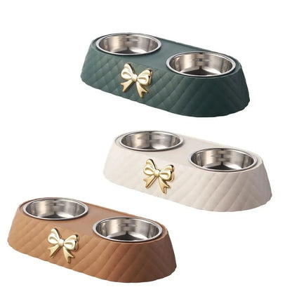 Double Stainless Steel Pet Bowl with Bow-Tie Design