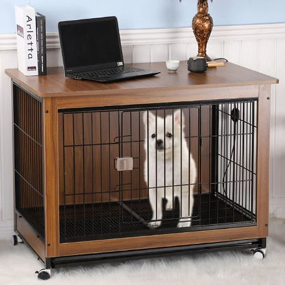 Wooden Indoor Dog Cage with Rollers & Large Space