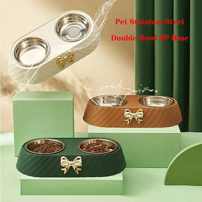 Double Stainless Steel Pet Bowl with Bow-Tie Design