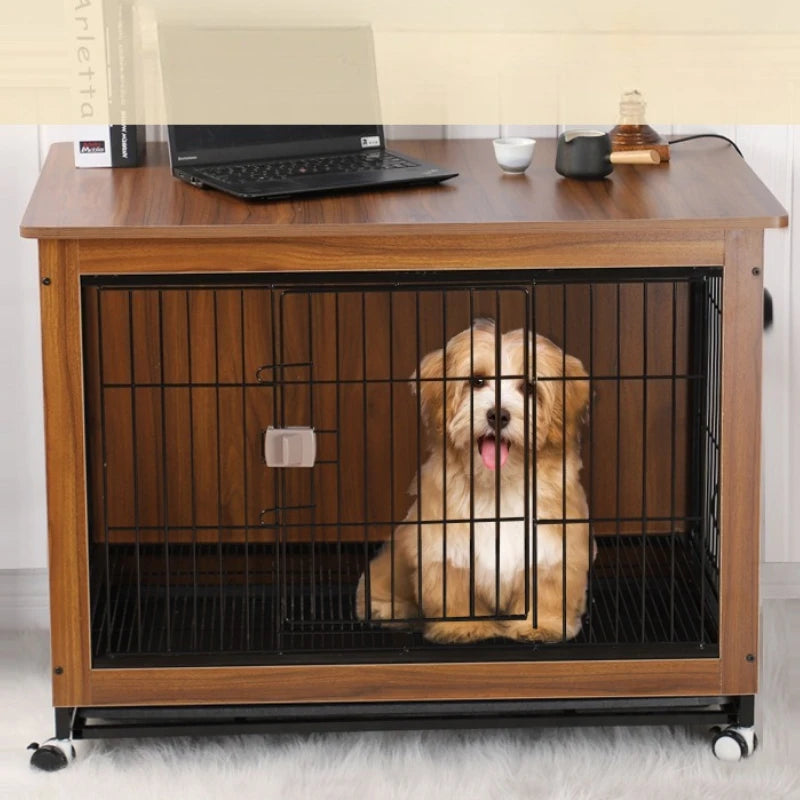 Wooden Indoor Dog Cage with Rollers & Large Space