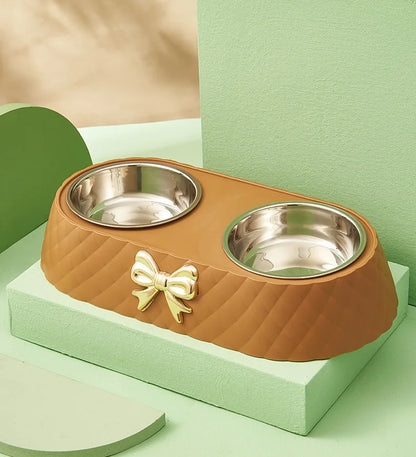 Double Stainless Steel Pet Bowl with Bow-Tie Design