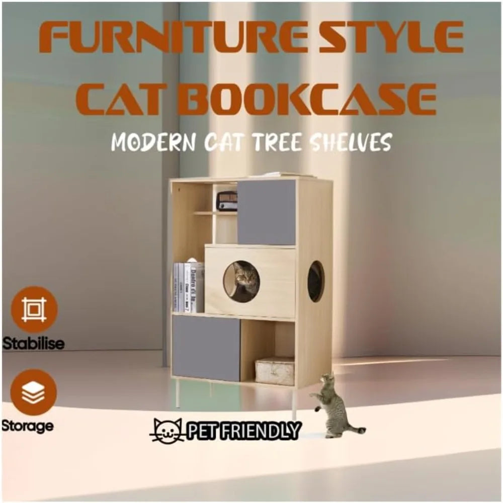 Wooden Cat Climbing Tree Tower with Scratching Post & House