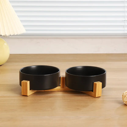 Ceramic Pet Bowl with Wooden Stand