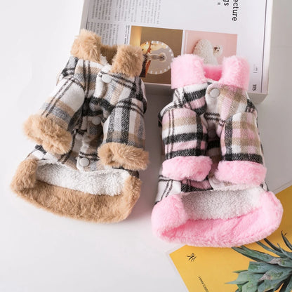 Winter Dog Jacket with Fur Collar – Warm Plaid Coat for Small Dogs