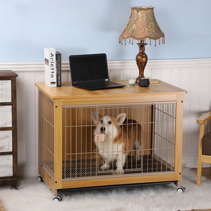 Wooden Indoor Dog Cage with Rollers & Large Space
