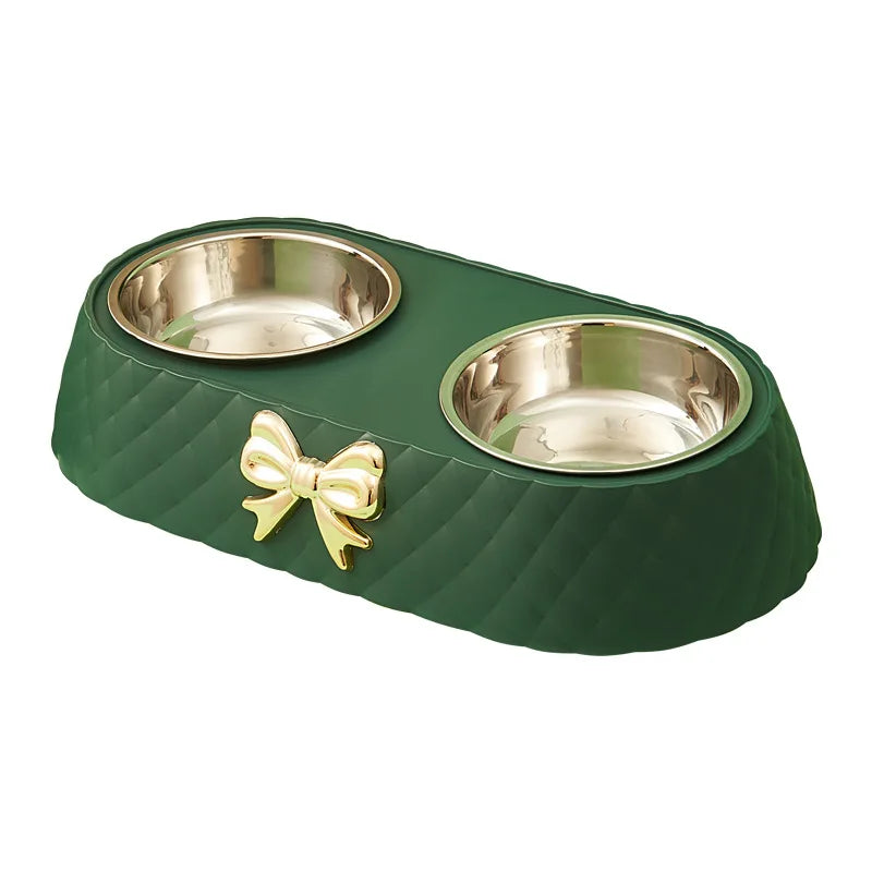 Double Stainless Steel Pet Bowl with Bow-Tie Design