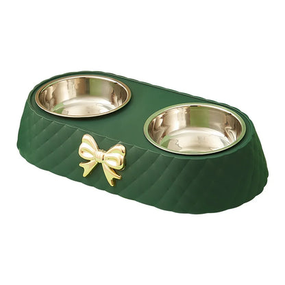 Double Stainless Steel Pet Bowl with Bow-Tie Design