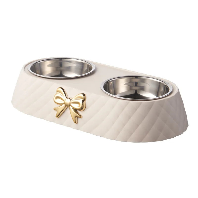 Double Stainless Steel Pet Bowl with Bow-Tie Design