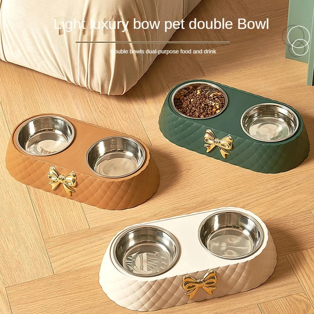 Double Stainless Steel Pet Bowl with Bow-Tie Design