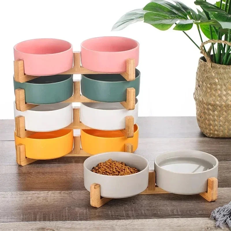 Ceramic Pet Bowl with Wooden Stand