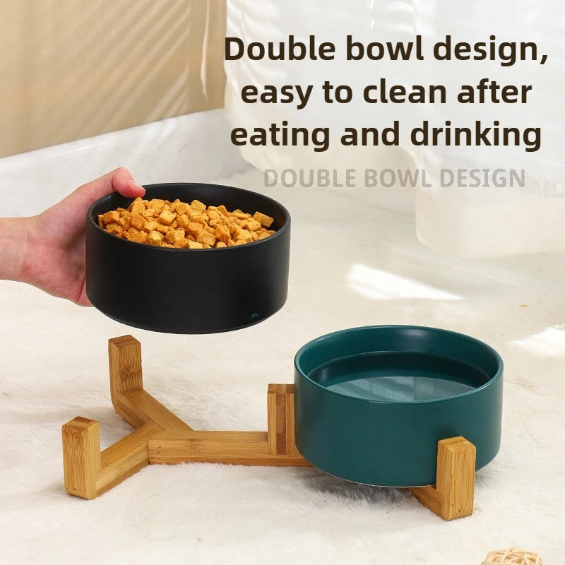 Ceramic Pet Bowl with Wooden Stand