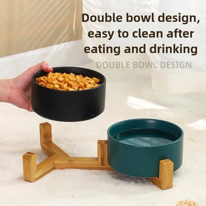 Ceramic Pet Bowl with Wooden Stand