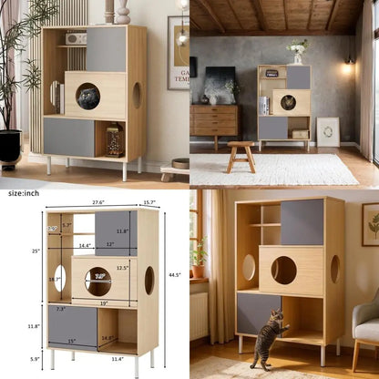 Wooden Cat Climbing Tree Tower with Scratching Post & House