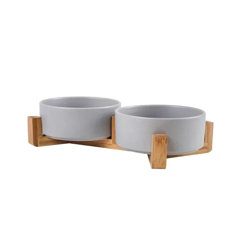 Ceramic Pet Bowl with Wooden Stand
