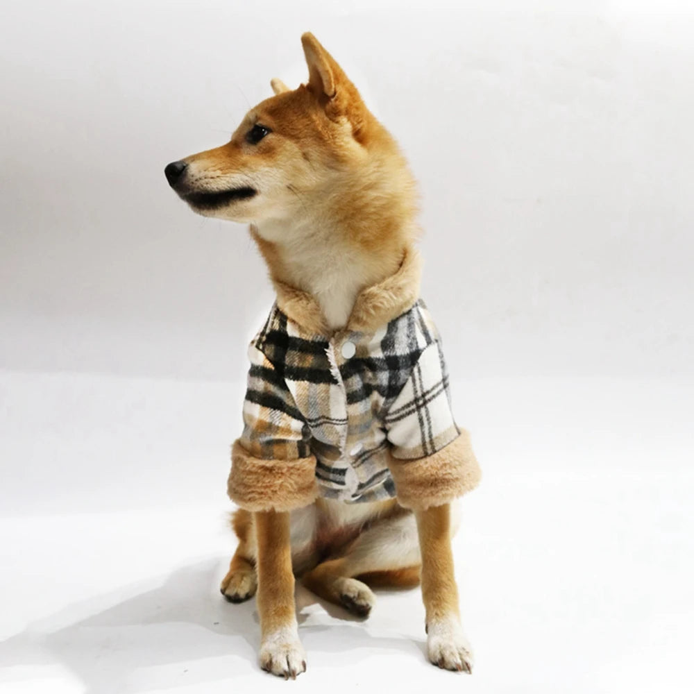 Winter Dog Jacket with Fur Collar – Warm Plaid Coat for Small Dogs