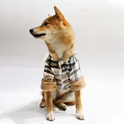 Winter Dog Jacket with Fur Collar – Warm Plaid Coat for Small Dogs