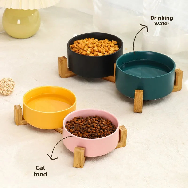 Ceramic Pet Bowl with Wooden Stand