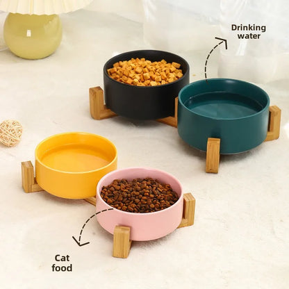 Ceramic Pet Bowl with Wooden Stand